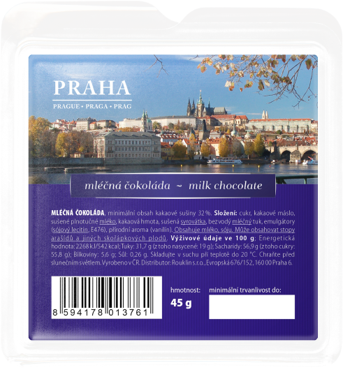 Mix devíti motivů mléčných mini čokolád s pražskými motivy v průhledném blistru