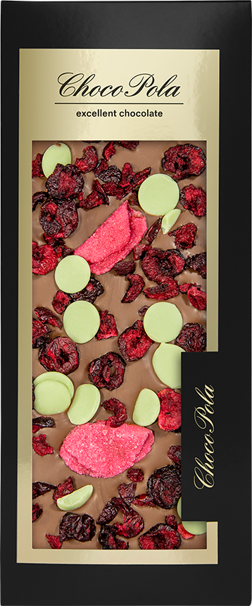 110-BK-005 | mléčná čokoláda 44 % | růže, višeň, limetková čokoláda