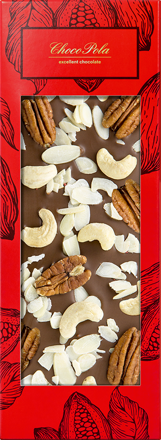 10-red-02 | mléčná čokoláda 36 % |  kešu, mandle, pekanové ořechy